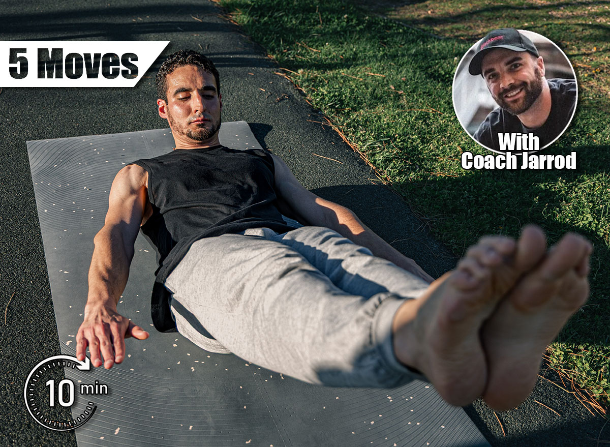 Focused athletic man holding hollow body pose outdoors on mat, demonstrating core engagement and body control during strength-focused fitness routine. 5 Bodyweight Moves That Build Core Power Faster Than Planks After 40. Cover