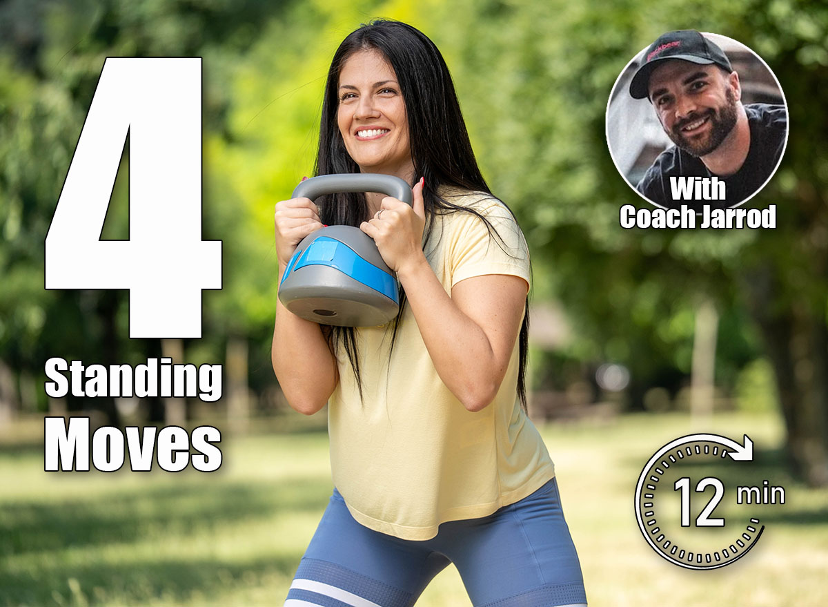 Beautiful fit woman exercising with kettlebell, doing squats outdoors in park, smiling with natural black hair, healthy lifestyle and energy. If You Can Do These 4 Standing Exercises at 50, You’re Fitter Than Most People Half Your Age. Cover
