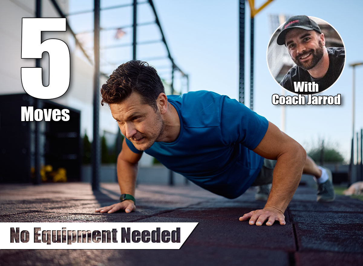 Male athlete exercising push-ups during strength training in outdoor gym. Copy space. 5 Strength Moves That Rebuild Muscle After 45 (No Equipment Needed). Cover
