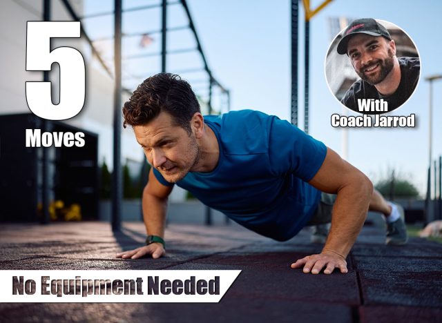 Male athlete exercising push-ups during strength training in outdoor gym. Copy space. 5 Strength Moves That Rebuild Muscle After 45 (No Equipment Needed). Cover