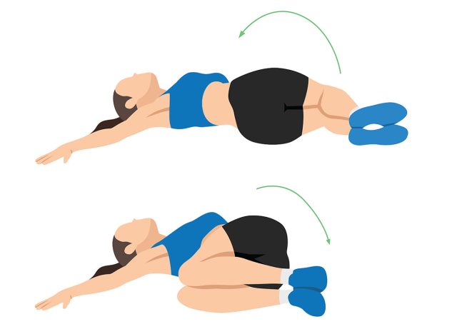 Woman doing windshield wiper ab exercise, targeting the core and obliques. Flat vector illustration isolated on white background