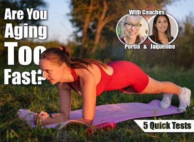 A strong woman in a red bodysuit holds a forearm plank pose on a yoga mat in a grassy park at sunset. 5 Quick Tests To See if You’re Aging Too Fast After 40. Cover