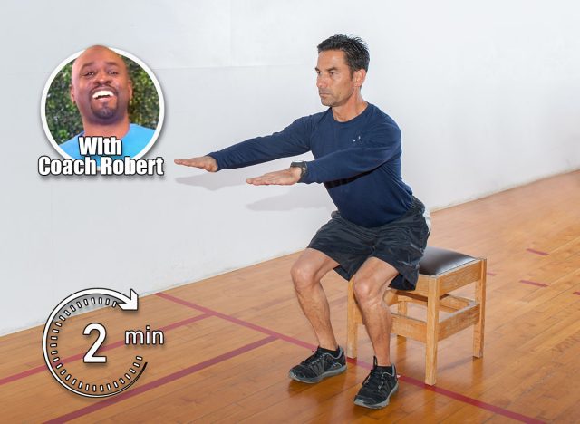 Middle age man demonstrates bench squat strength exercise. If You Can Complete This 2-Minute Test After 50, Your Strength Beats Most 30-Year-Olds. Cover