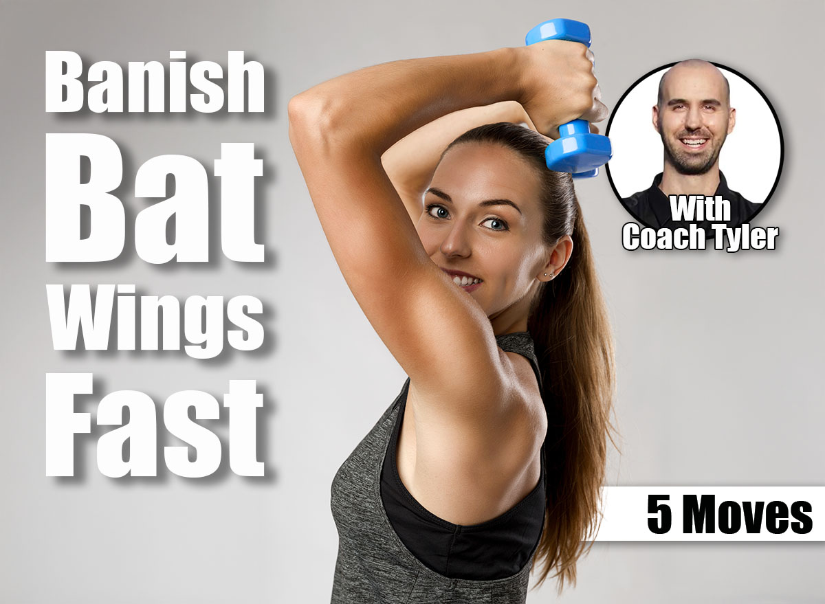 Young fitness woman making exercises with dumbbells. 5 Best Standing Exercises To Banish Bat Wings in 30 Days. Cover