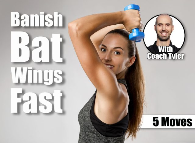 Young fitness woman making exercises with dumbbells. 5 Best Standing Exercises To Banish Bat Wings in 30 Days. Cover
