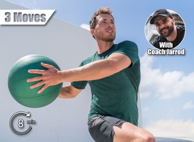 Fitness man training at gym working out legs and abs doing lunges twisting the torso for core workout with medicine ball weight. Full body workout.The 3 Core Moves That Make You Feel Decades Younger After 50. Cover