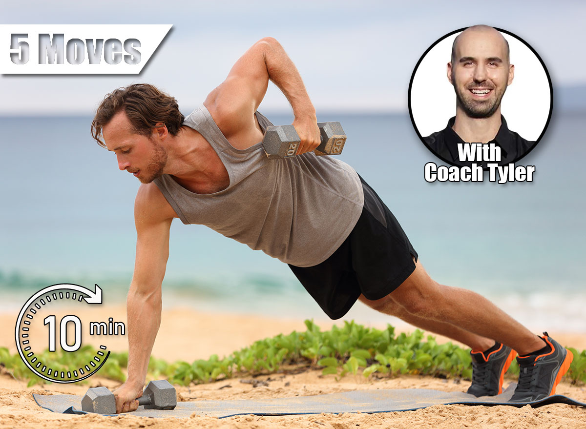 Fitness man training dumbbells plank row exercise lifting dumbbell weights doing floor workout renegade row or commando alternating plank row at beach. 5 Strength Moves That Burn More Fat After 40 Than Cardio Ever Could. Cover