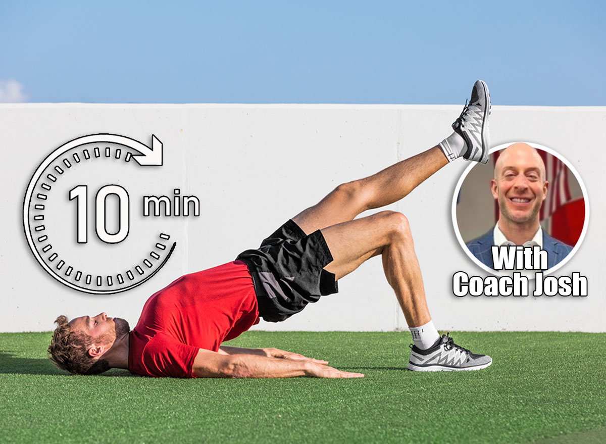 Fitness man doing bodyweight glute single leg floor bridge lift exercises. Fit athlete training glutes muscles with one-legged floor bridge butt raise in summer outdoor gym on grass.4 Home Moves That Melt Belly Fat Faster Than CrossFit After 50. Cover