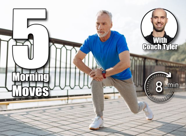 Senior man doing lunges during morning run. 5 Morning Moves Men Should Do Daily to Fight Aging After 40. Cover