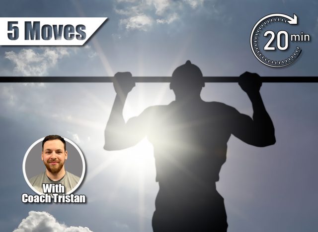 Silhouette of a young man doing pull-up exercise on a horizontal bar against a blue cloudy sky with sun flare. 5 Classic Exercises That Build More Strength Than CrossFit After 50. Cover