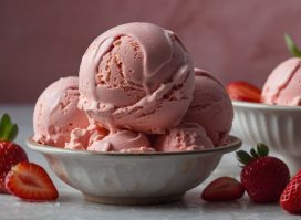 Beautiful Strawberry ice cream scoop in the bowl.