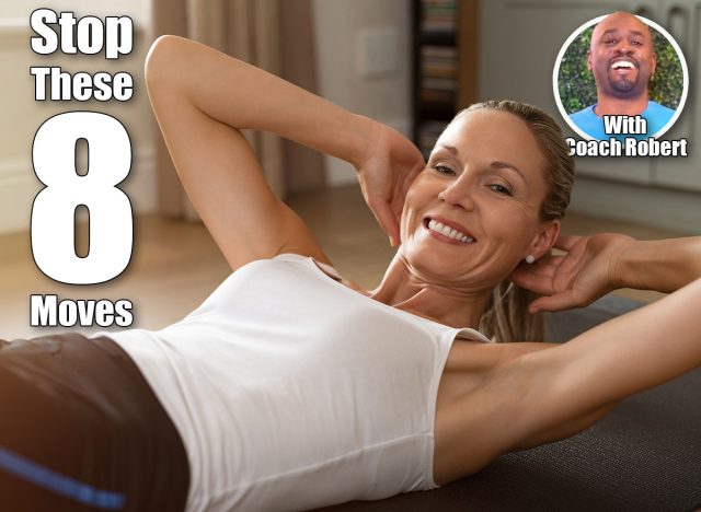 Portrait of mature happy blond woman doing abdominal exercises. Fitness woman doing sit-ups at home lying on yoga mat. Blonde lady doing body exercises and looking at camera. 8 Common Exercises That Destroy Your Body Faster Than Sitting After 40. Cover