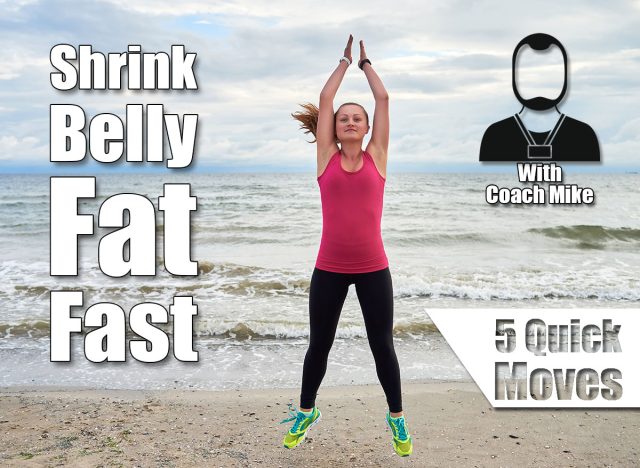 Happy fitness woman doing jumping jacks or star jump exercise at seaside outdoors, copy space. Girl working out on beach at summer morning, full length portrait. Healthy lifestyle concept. 5 Micro-Workout Moves That Shrink Your Stomach Pooch in 30 Days After 45—No Gym. Cover