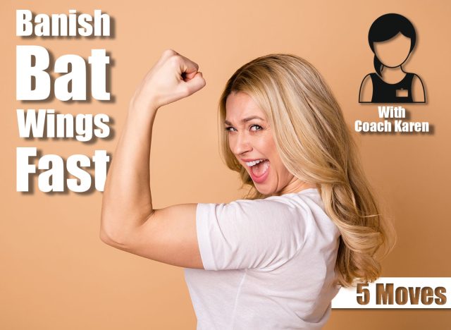 Close-up profile side view portrait of her she nice-looking lovely attractive cheerful cheery ecstatic satisfied wavy-haired lady showing muscles isolated over beige pastel background. 5 Standing Exercises That Banish Bat Wings Faster Than Push-Ups After 45. Cover