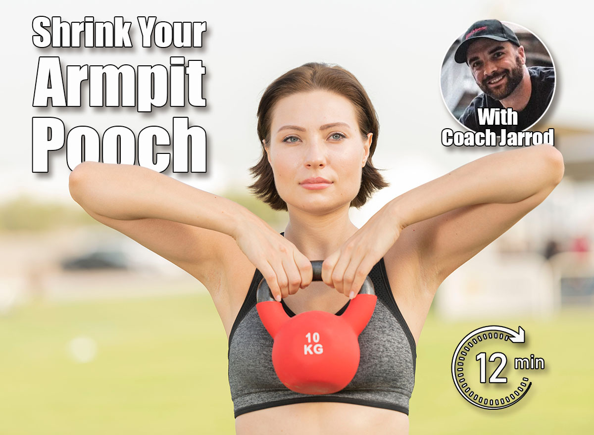 Closeup view of a beautiful caucasian brunette fitness model does a upright row with a red kettlebell in a open park on a bright sunny day. 5 Standing Exercises To Shrink Your ‘Armpit Pooch’ For Good [Update]. Cover