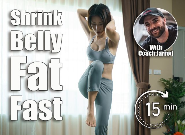 Young woman in gray sportswear exercise at home, doing standing bicycle crunches, in quarantine during Coronavirus pandemic.6 Simple Standing Drills That Melt Belly Pooch in 30 Days After 50. Cover