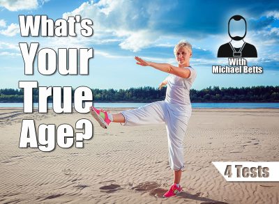 Blond-haired woman in a white tracksuit on a sandy beach performs swinging legs and arms. If You Can Complete These 4 Tests After 50, Your Body Is 20 Years Younger. Cover