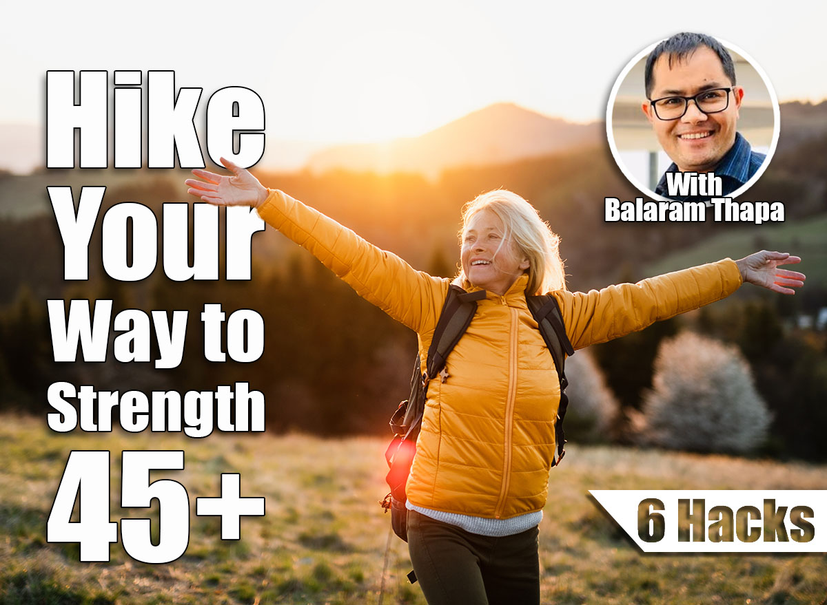 Front view of senior woman hiker standing outdoors in nature at sunset. 6 Soft Hiking Techniques That Build More Strength Than Gym Workouts After 45. Cover