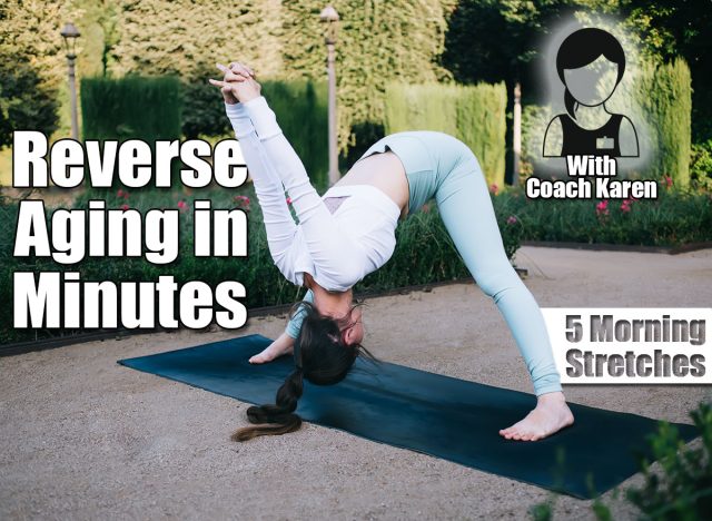 Fit female athlete practicing yoga in standing forward bend with shoulder opener pose on sports mat in green park. 5 Morning Stretches That Reverse Aging Better Than Expensive Treatments After 45. Cover