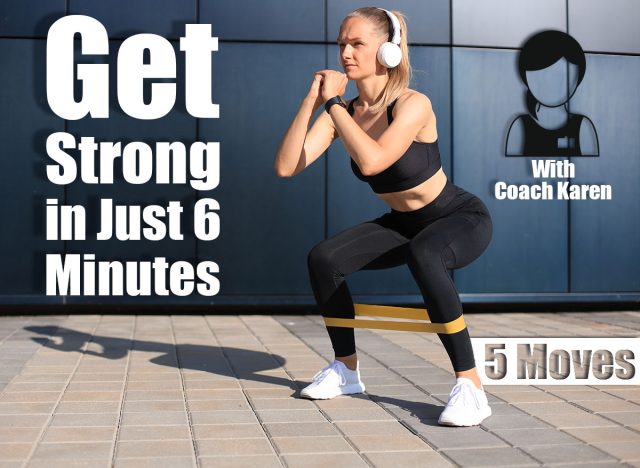 Sporty woman doing squats with fitness gum expander outdoors. This 6-Minute Morning Routine Builds More Strength Than Hour-Long Workouts After 50. Cover