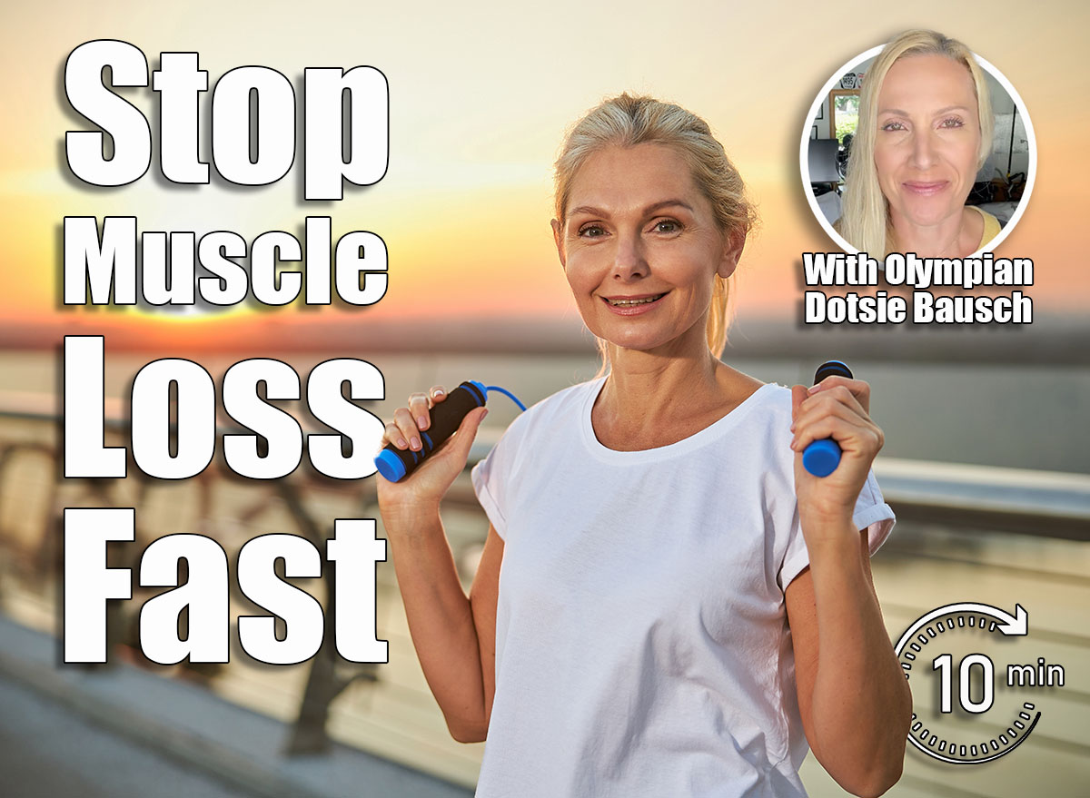 Waist-up portrait of an attractive cheerful Caucasian woman with a jumping rope in her hands. 5 Morning Strength Moves That Prevent Muscle Loss Better Than Protein After 50. Cover