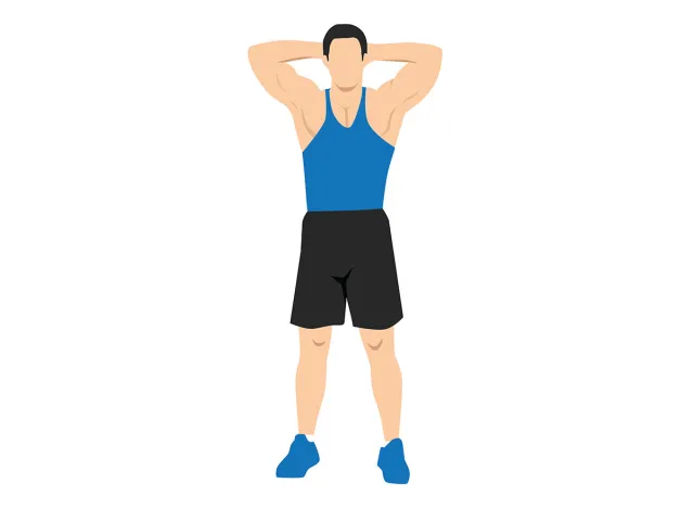 Bodyweight Squat. Young man doing sport exercise. Hand on the back of head flat vector illustration isolated on different layers