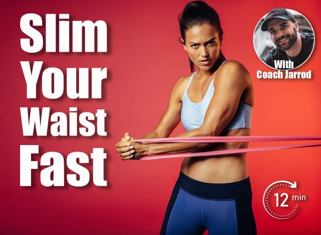 Fitness woman doing workout using resistance bands. Portrait of determined fitness woman doing strength training using resistance band. 5 Easy Standing Exercises That Will Melt Your Love Handles Right Off After 40. Cover