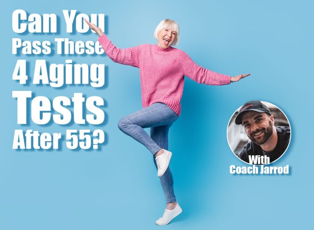Photo portrait full body view of happy old lady dancing standing on one leg isolated on pastel blue colored background. Over 55? If You Can Pass These 4 Simple Balance Tests, You're Aging Backwards. Cover