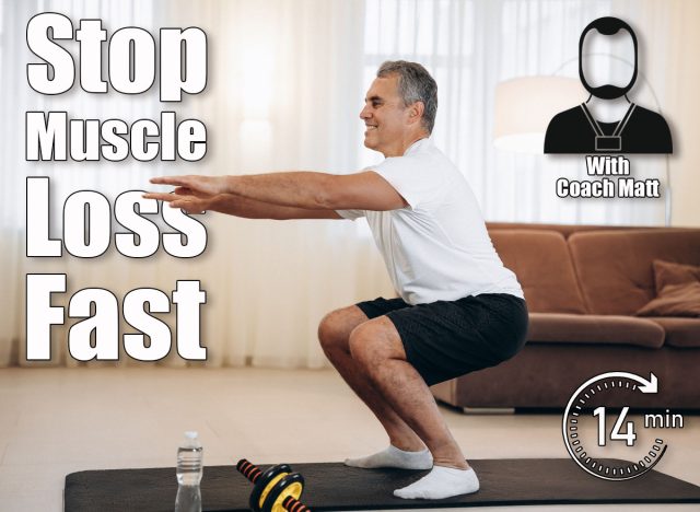 Workout time Strong senior man doing squat exercises at home in his light living room. Healthy lifestyle, wellbeing and activity concept. Black and white sportswear. Active and happy old age. 4 Bodyweight Exercises That Stop Muscle Loss Better Than Weight Machines After 45. Cover
