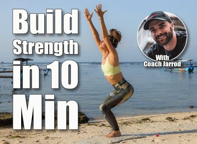 Caucasian woman practicing Utkatasana, Chair Pose. Low squatting asana in hatha yoga. Hands raised up. Balance and concentration. Yoga retreat. Thomas beach, Bali, Indonesia. This 10-Minute Morning Routine Builds More Strength Than an Hour at the Gym After 45. Cover
