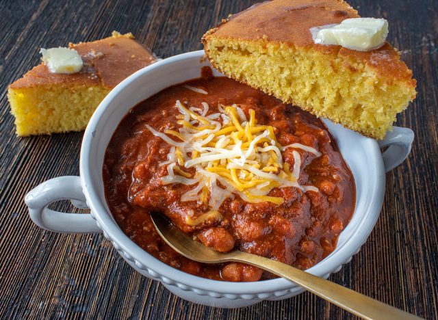 closeup of bowl of homemade chili with cornbread