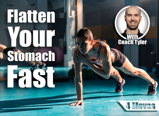 A young female workout in the gym and doing a shoulder taps exercise. 4 Power Moves That Flatten Your Stomach in 30 Days. Cover