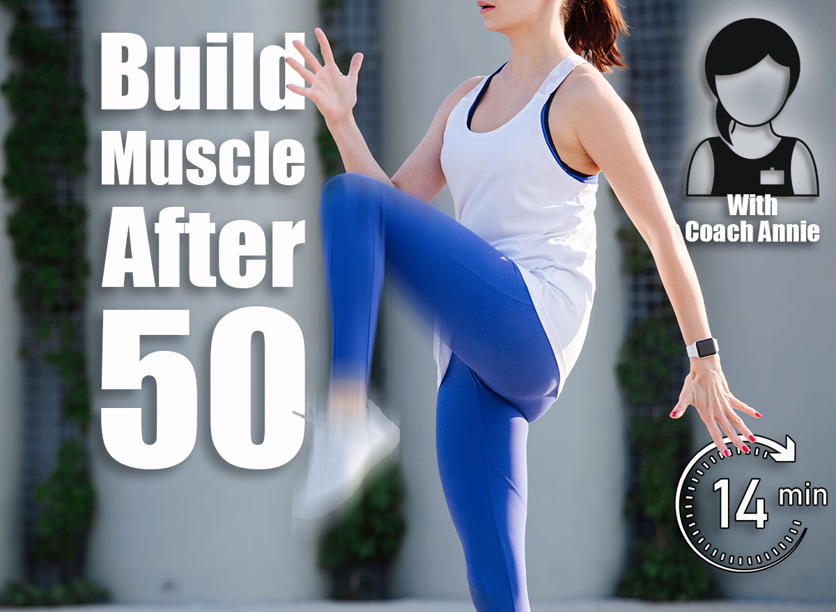 Exercising woman doing her routine in an urban enviroment, rising knees high up and touching elbow. Over support pillars. In blue stretchy yoga pants. Side view. 5 Standing Exercises That Build Muscle Better Than Gym Machines After 50. Cover