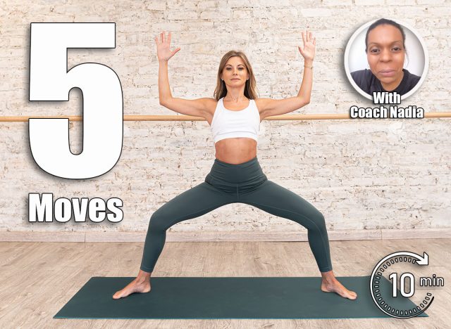 beautiful woman doing goddess yoga pose, wearing sportswear, green pants, white top, indoor full length, yoga studio. High quality photo. 5 Best Bodyweight Workouts To Lose Your Belly Overhang in 30 Days, Covert