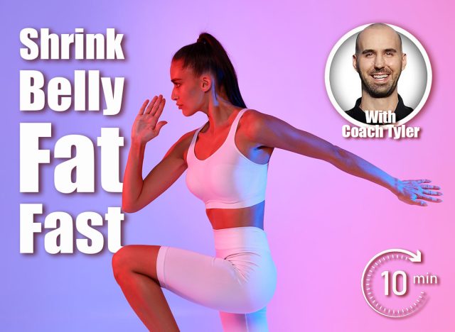 Young Fitness Lady Standing Doing Elbow To Knee Crunch Looking Aside Over Neon Pink And Blue Studio Background, Wearing Stylish White Sportswear. Fitness Workout, Bodyshaping. Panorama. 5 Standing Moves That Shrink Belly Fat Faster Than Crunches After 40—No Floor Needed. Cover