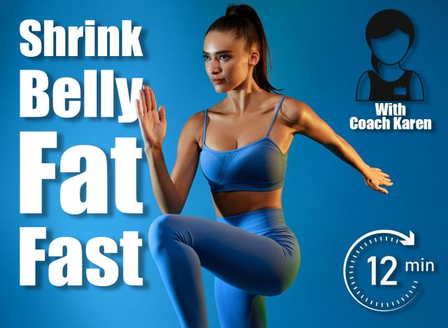 Young Fitness Woman Doing Elbow To Knee Crunch Exercising Standing Over Blue Studio Background. Athletic Lady Having Cardio Workout Looking Aside. Panorama. 5 Standing Exercises That Shrink Your Belly Overhang Without a Single Crunch After 45. Cover