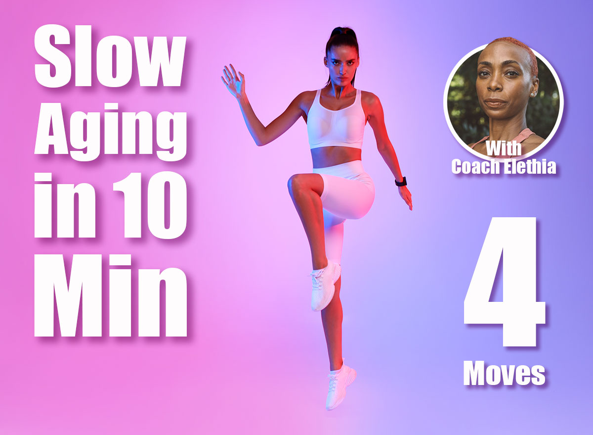 Motivated Fitness Woman Exercising Raising Knee Doing Standing Crunch During Cardio Workout Over Neon Pink And Blue Studio Background, Looking At Camera. Bodyshaping Training. 4 Quick Standing Exercises That Slow Aging Faster Than Gym After 40. Cover