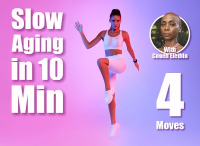 Motivated Fitness Woman Exercising Raising Knee Doing Standing Crunch During Cardio Workout Over Neon Pink And Blue Studio Background, Looking At Camera. Bodyshaping Training. 4 Quick Standing Exercises That Slow Aging Faster Than Gym After 40. Cover