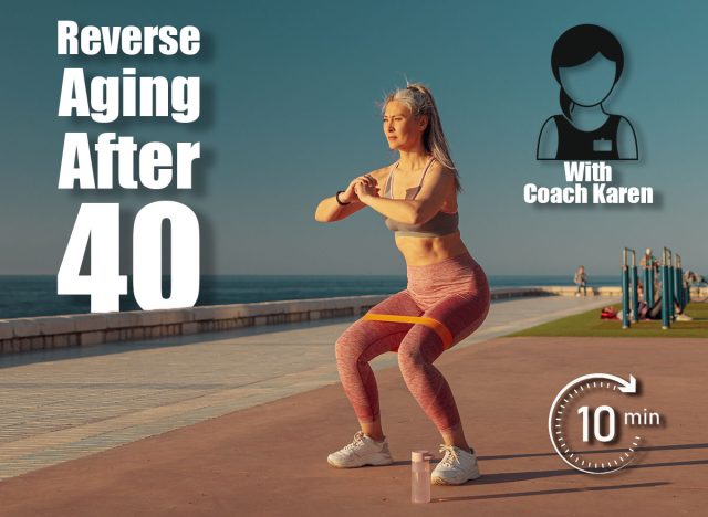 On warm sunny day, an active woman performing squats with fitness band on sports street playground near the coast. 5 Daily Bodyweight Moves That Reverse Aging Better Than Treatments After 40. Cover