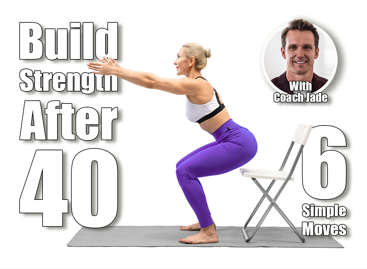 Exercises with props. Athletic caucasian woman in purple leggings practice squats using a chair, isolated on white. Fitness advertising, workout, promotion, sport, training concept. 6 Classic Exercises That Keep You Stronger Than Most People Half Your Age. Cover