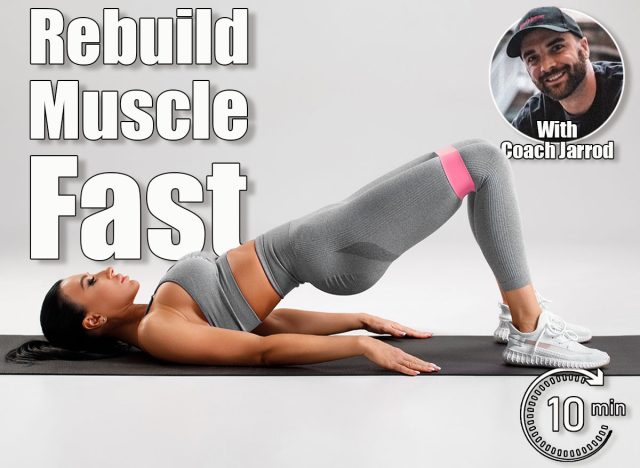 Athletic girl doing glute bridge exercise with resistance band on gray background. Fitness woman working out. 5 Daily Bodyweight Exercises That Reverse Muscle Loss Faster Than Weights After 45. Cover