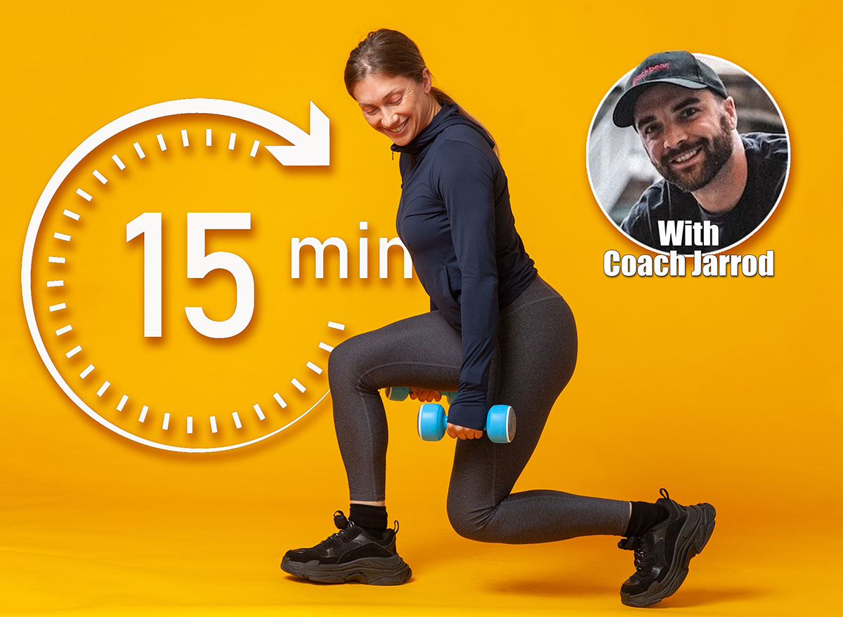 Workout concept. Happy athletic woman in sportswear practicing lunges with dumbbells in her hands on yellow background. Bodybuilding and fitness. Healthy lifestyle. If You Can Master These 3 Movements at 60, Your Body’s Younger Than Your Birthday Says. Cover