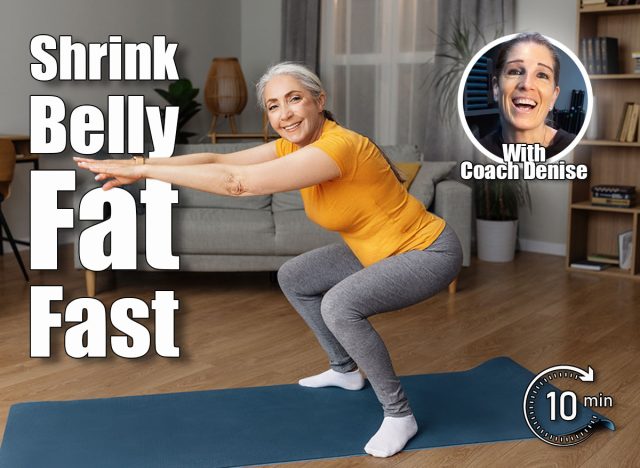 Active senior lady doing squats on domestic workout, training in living room and smiling at camera, copy space. Fit female leading active lifestyle, staying in good shape at home. 4 Daily Bodyweight Moves That Shrink Belly Fat Better Than Ab Classes After 40. Cover