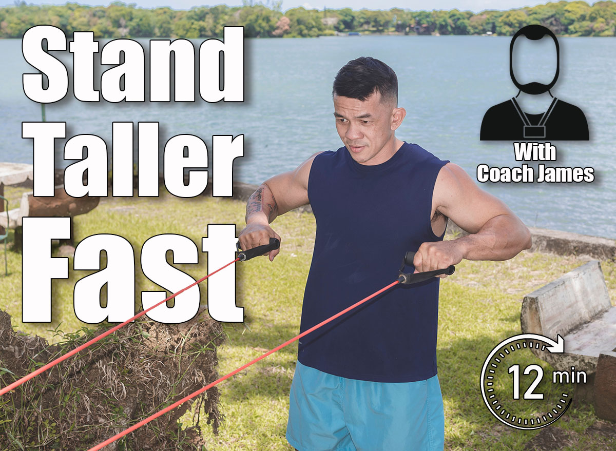 A fit middle aged man does banded shoulder rows. A vacationer training outside at a lakeside park or resort. 5 Bodyweight Posture Exercises That Make You Look Taller After 50. Cover