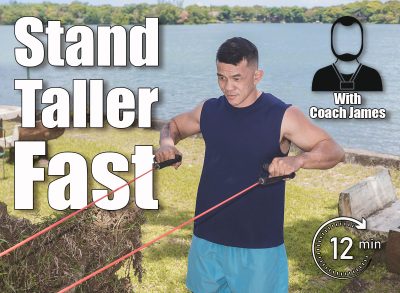 A fit middle aged man does banded shoulder rows. A vacationer training outside at a lakeside park or resort. 5 Bodyweight Posture Exercises That Make You Look Taller After 50. Cover