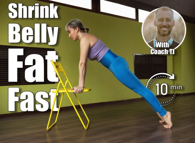 A woman leading a healthy lifestyle and doing yoga, performs Chaturanga Dandasana exercise with a chair, plank pose, trains in a fitness center in sportswear, in full growth. 5 Chair Exercises That Shrink Your Stomach Pooch Faster Than Crunches After 50. Cover