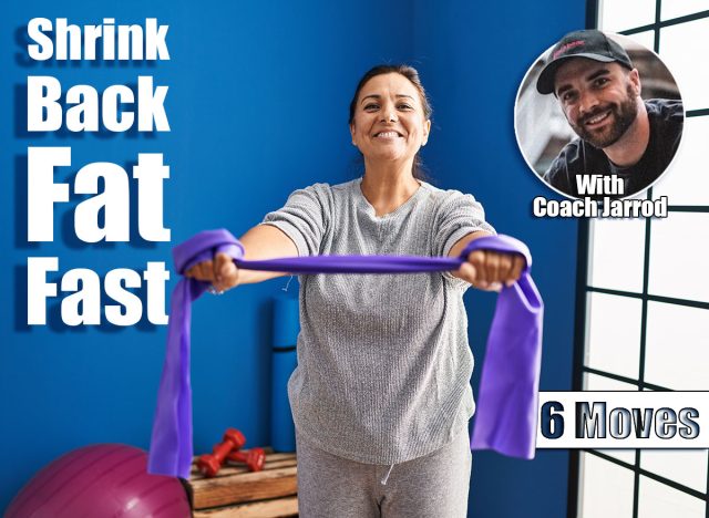 Middle age hispanic woman smiling confident using elastic band stretching at laundry room. 6 Standing Back Moves to Sculpt Your Upper Body in 30 Days After 45. Cover