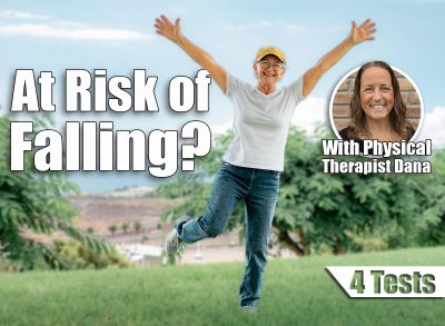 Happy senior attractive woman jumping in the meadow - caucasian grandmother in balance on one leg looking at camera smiling. Carefree lifestyle for a retired people. If You Fail These 4 Tests After 50, Your Risk of Falling Skyrockets. Cover