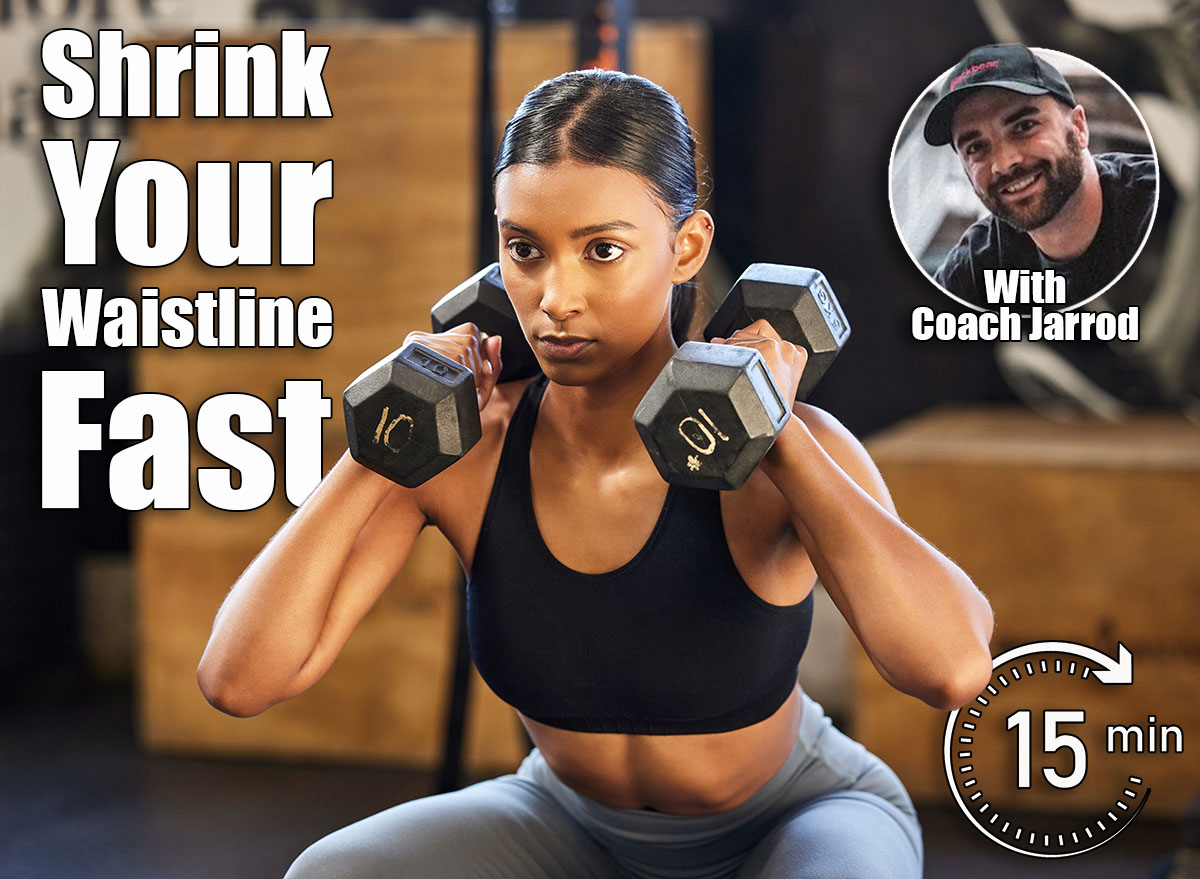 Fitness, squat or woman with dumbbells training, exercise or workout for powerful arms or muscles in gym. Dumbbell squats, bodybuilder or Indian girl athlete lifting weights or exercising biceps. 4 Daily Exercises That Shrink Your Waistline Faster Than Cardio After 40. Cover