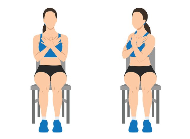 Woman doing seated gluteal and lumbar rotation or chair twist exercise. Flat vector illustration isolated on white background